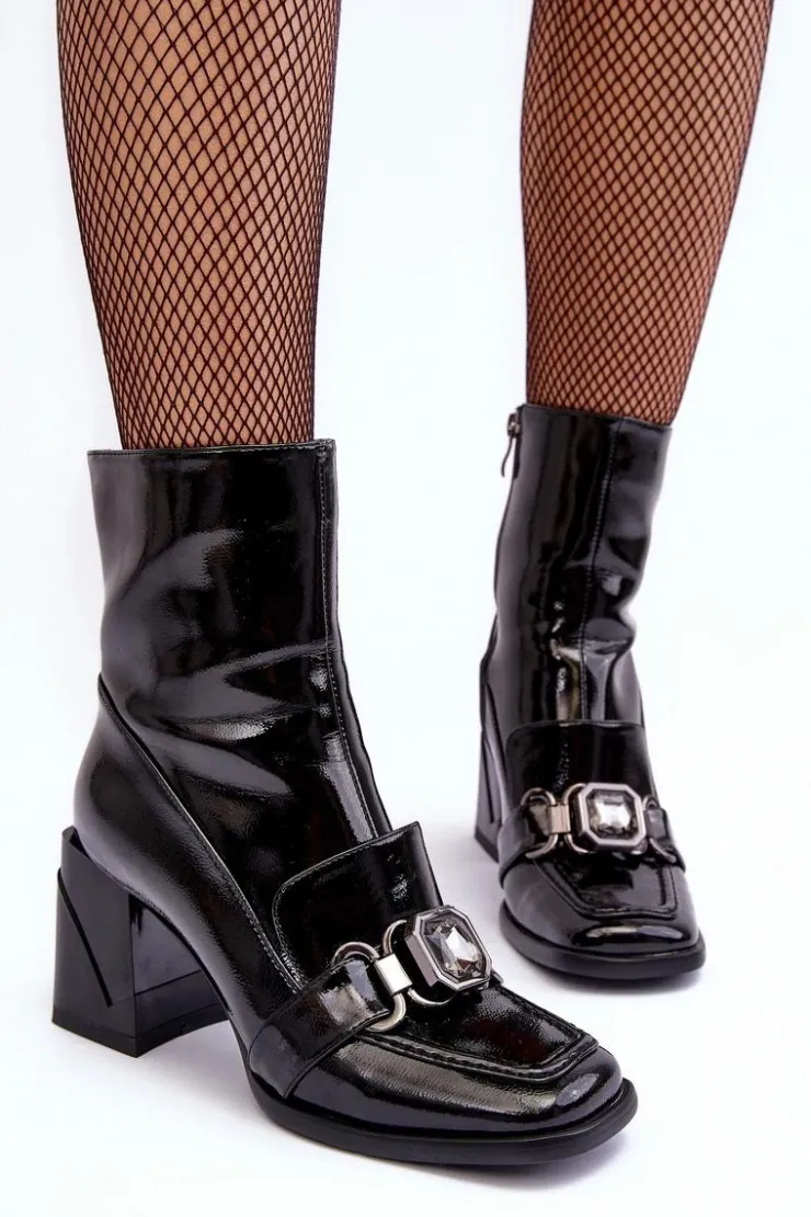 Damskie buty S.Barski Botki Zimowe Damskie|Botki Na Obcasie*Skórzane Botki Na Masywnym Obcasie Z Ozdobą S.Barski MR870-99 Czarne