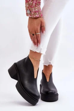 Boto Botki Wiosenne|Botki Na Słupku*Skórzane Botki Na Masywnym Obcasie Nicole 2795/056 Czarne