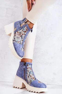 Maciejka Botki Wiosenne|Botki Maciejka*Skórzane Botki Na Masywnym Słupku Niebieskie 05325-06