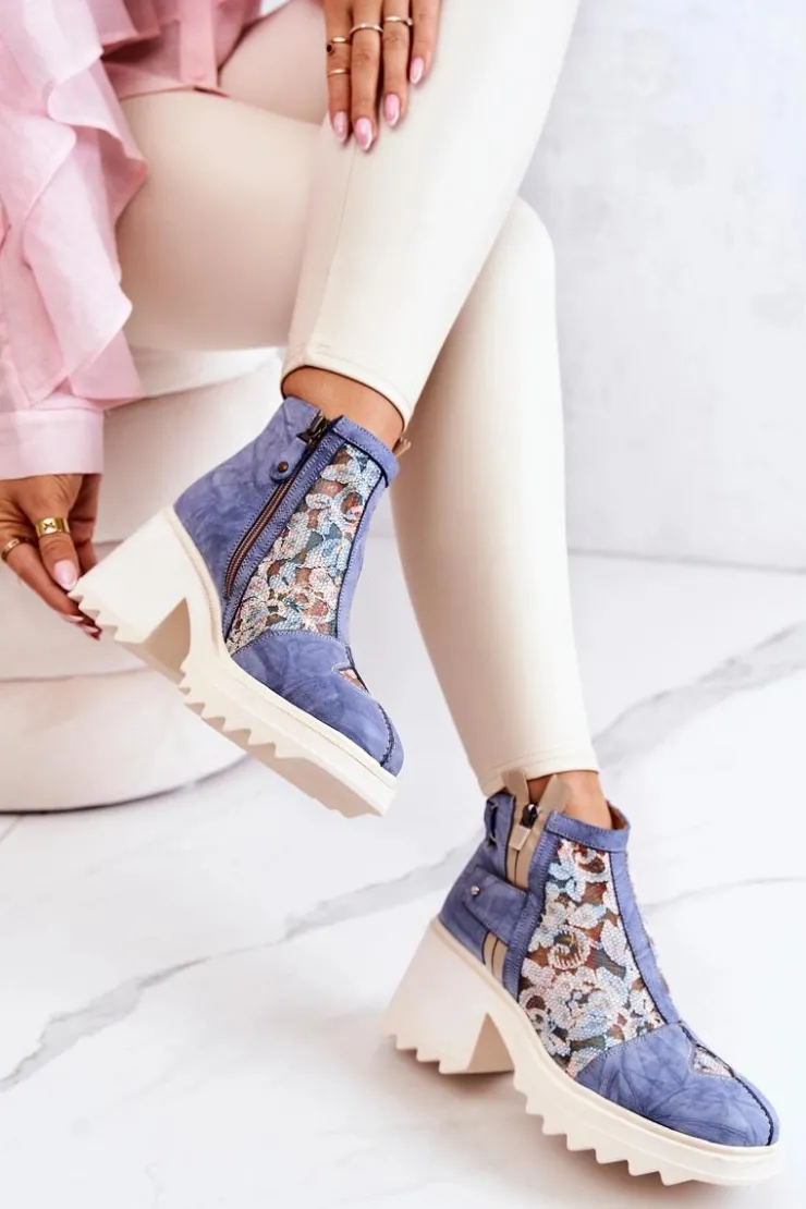 Maciejka Botki Wiosenne|Botki Maciejka*Skórzane Botki Na Masywnym Słupku Niebieskie 05325-06