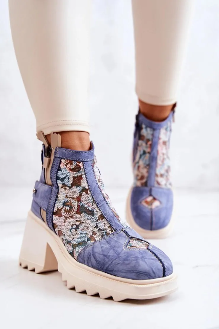 Maciejka Botki Wiosenne|Botki Maciejka*Skórzane Botki Na Masywnym Słupku Niebieskie 05325-06