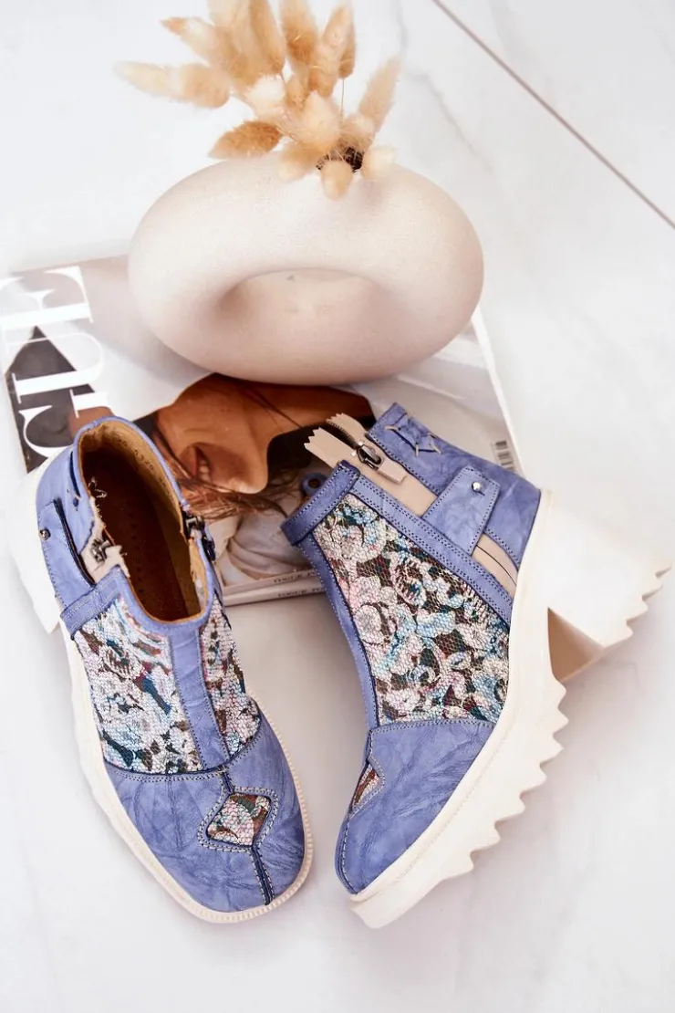 Maciejka Botki Wiosenne|Botki Maciejka*Skórzane Botki Na Masywnym Słupku Niebieskie 05325-06