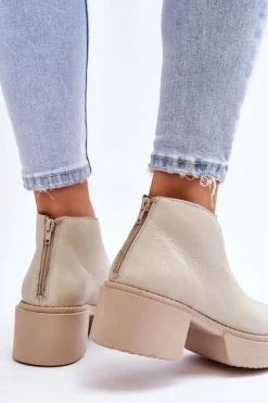 Damskie Boto Skórzane Botki Na Masywnym Obcasie Nicole 2795/054 Jasnobeżowe
