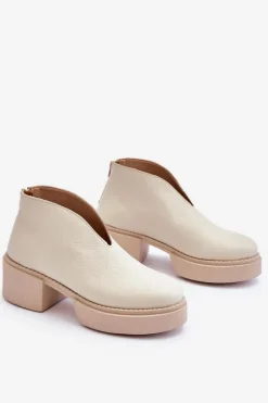 Damskie Boto Skórzane Botki Na Masywnym Obcasie Nicole 2795/054 Jasnobeżowe