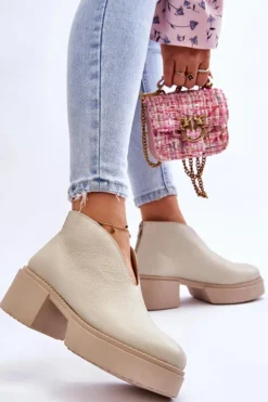 Damskie Boto Skórzane Botki Na Masywnym Obcasie Nicole 2795/054 Jasnobeżowe