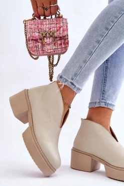 Damskie Boto Skórzane Botki Na Masywnym Obcasie Nicole 2795/054 Jasnobeżowe