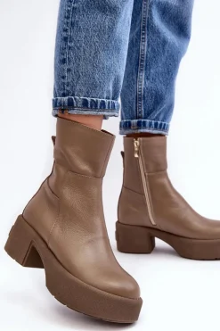 Damskie Boto Skórzane Botki Na Niskim Obcasie Ciemnobeżowe Lemar Volavola