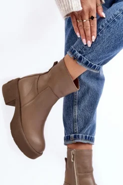 Damskie Boto Skórzane Botki Na Niskim Obcasie Ciemnobeżowe Lemar Volavola