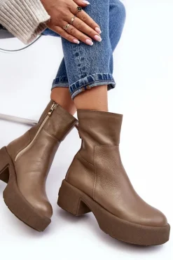 Damskie Boto Skórzane Botki Na Niskim Obcasie Ciemnobeżowe Lemar Volavola
