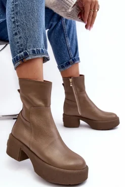 Damskie Boto Skórzane Botki Na Niskim Obcasie Ciemnobeżowe Lemar Volavola