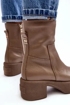 Damskie Boto Skórzane Botki Na Niskim Obcasie Ciemnobeżowe Lemar Volavola