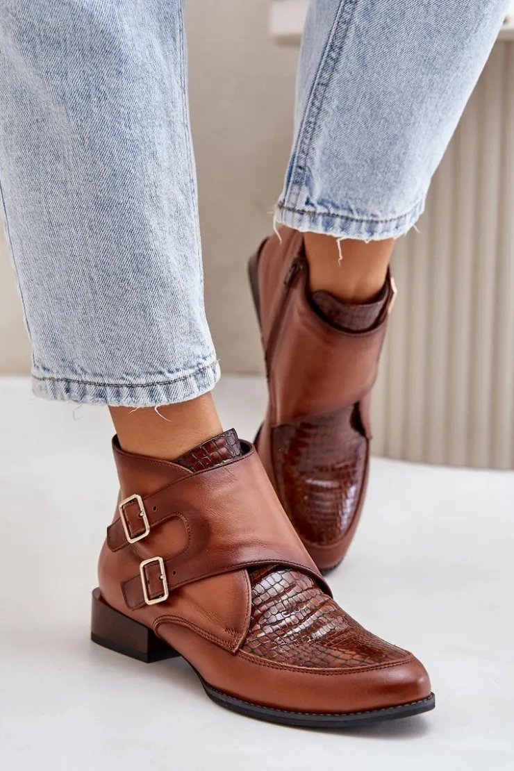 Maciejka Botki Ocieplane|Botki Maciejka*Skórzane Botki Na Niskim Obcasie Z Klamrami 06696-02 Brązowe Brązowy