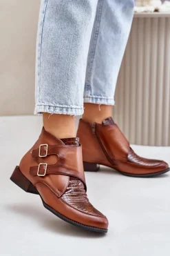 Maciejka Botki Ocieplane|Botki Maciejka*Skórzane Botki Na Niskim Obcasie Z Klamrami 06696-02 Brązowe Brązowy