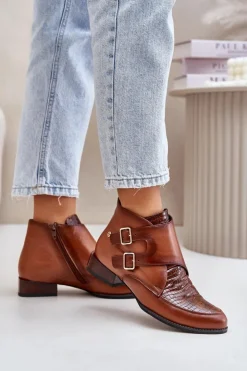 Maciejka Botki Ocieplane|Botki Maciejka*Skórzane Botki Na Niskim Obcasie Z Klamrami 06696-02 Brązowe Brązowy