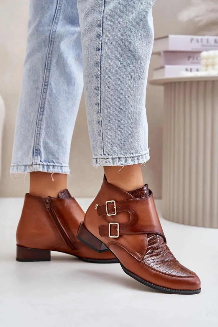 Maciejka Botki Ocieplane|Botki Maciejka*Skórzane Botki Na Niskim Obcasie Z Klamrami 06696-02 Brązowe Brązowy