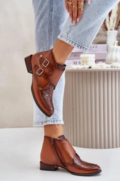 Maciejka Botki Ocieplane|Botki Maciejka*Skórzane Botki Na Niskim Obcasie Z Klamrami 06696-02 Brązowe Brązowy