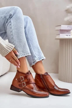 Maciejka Botki Ocieplane|Botki Maciejka*Skórzane Botki Na Niskim Obcasie Z Klamrami 06696-02 Brązowe Brązowy