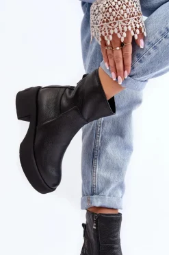 Sale Boto Skórzane Botki Na Niskim Obcasie Czarne Lemar Volavola