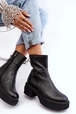 Sale Boto Skórzane Botki Na Niskim Obcasie Czarne Lemar Volavola