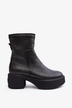 Sale Boto Skórzane Botki Na Niskim Obcasie Czarne Lemar Volavola