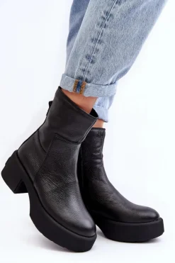 Sale Boto Skórzane Botki Na Niskim Obcasie Czarne Lemar Volavola