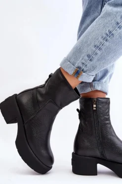 Sale Boto Skórzane Botki Na Niskim Obcasie Czarne Lemar Volavola