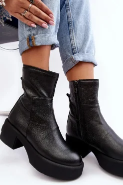 Sale Boto Skórzane Botki Na Niskim Obcasie Czarne Lemar Volavola