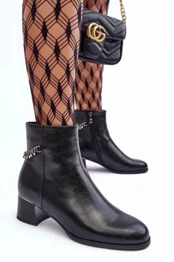 Damskie Boto Skórzane Botki Na Niskim Obcasie Czarne Rennie