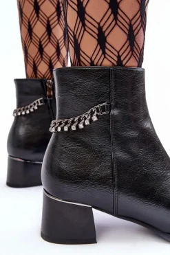 Damskie Boto Skórzane Botki Na Niskim Obcasie Czarne Rennie