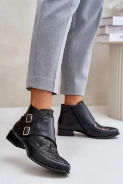 Damskie Maciejka Skórzane Botki Na Niskim Obcasie Z Klamrami 06696-01 Czarne