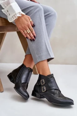 Damskie Maciejka Skórzane Botki Na Niskim Obcasie Z Klamrami 06696-01 Czarne