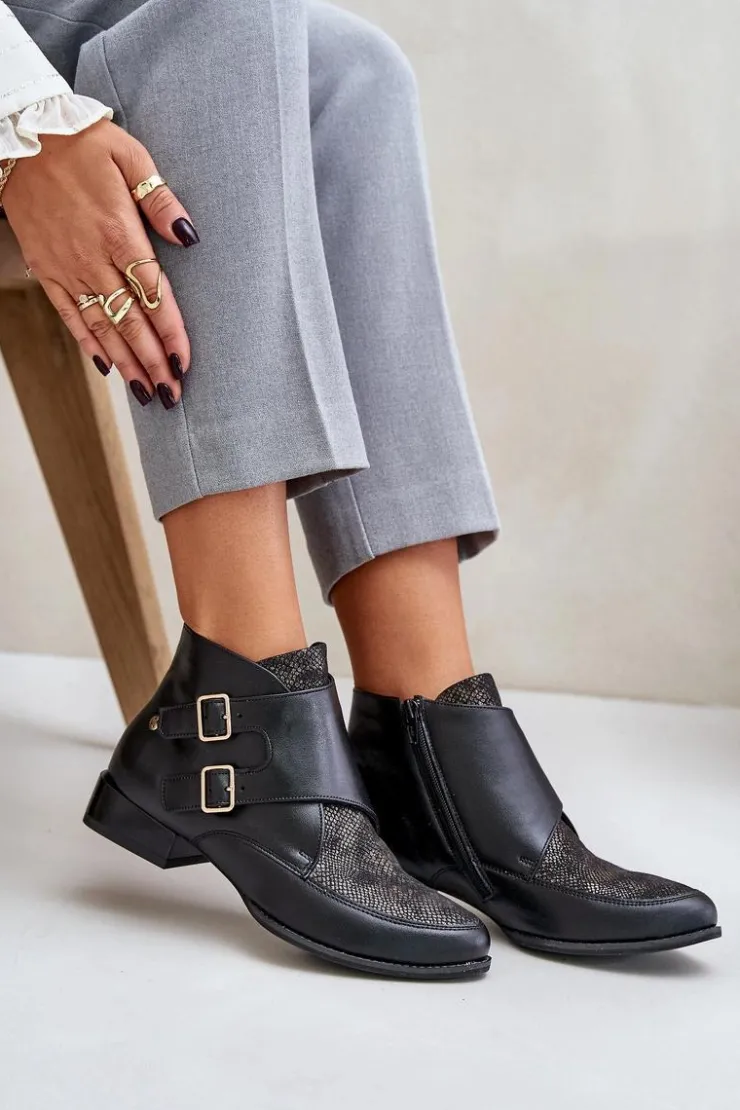 Damskie Maciejka Skórzane Botki Na Niskim Obcasie Z Klamrami 06696-01 Czarne