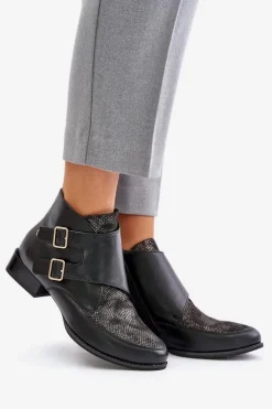 Damskie Maciejka Skórzane Botki Na Niskim Obcasie Z Klamrami 06696-01 Czarne