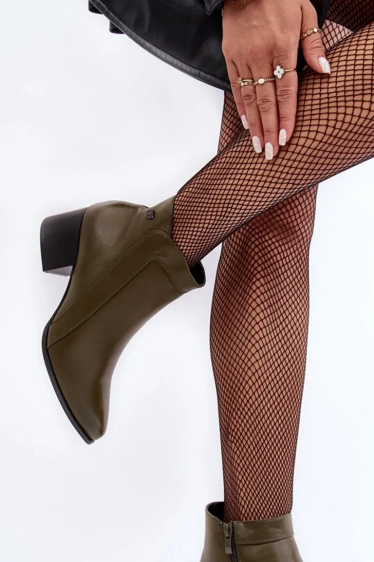 Buty Sergio Leone Botki Zimowe Damskie|Botki Na Obcasie*Skórzane Botki Na Niskim Obcasie Oliwkowe Cidi