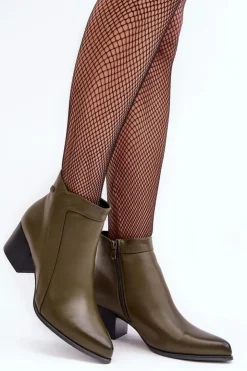 Buty Sergio Leone Botki Zimowe Damskie|Botki Na Obcasie*Skórzane Botki Na Niskim Obcasie Oliwkowe Cidi