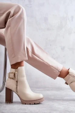 Hot Boto Skórzane Botki Na Obcasie Z Ozdobnym Zamkiem Beżowe Rosita
