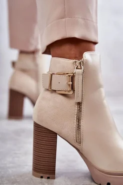 Hot Boto Skórzane Botki Na Obcasie Z Ozdobnym Zamkiem Beżowe Rosita
