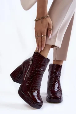 Damskie Boto Skórzane Botki Na Obcasie Krokodyli Wzór Bordowe Alienore