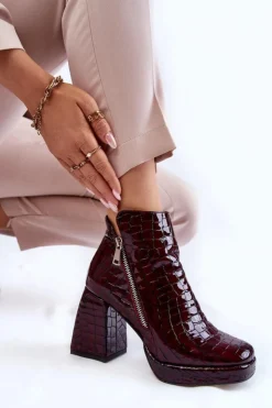 Damskie Boto Skórzane Botki Na Obcasie Krokodyli Wzór Bordowe Alienore