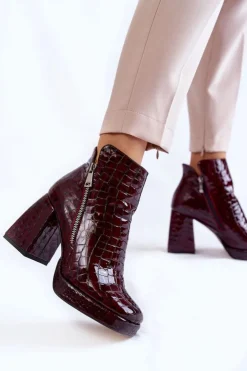 Damskie Boto Skórzane Botki Na Obcasie Krokodyli Wzór Bordowe Alienore