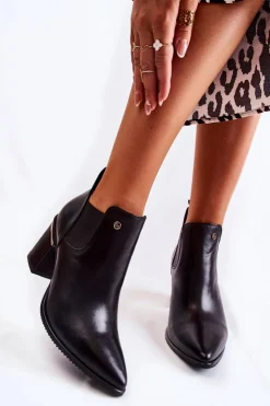 Laura Messi Botki Wiosenne|Botki Na Słupku*Skórzane Botki Na Obcasie 2506 Czarne