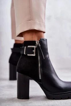 Boto Botki Na Słupku|Czarne Botki*Skórzane Botki Na Obcasie Z Ozdobnym Zamkiem Czarne Rosita