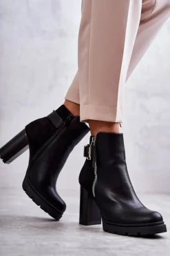 Boto Botki Na Słupku|Czarne Botki*Skórzane Botki Na Obcasie Z Ozdobnym Zamkiem Czarne Rosita