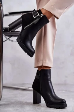 Boto Botki Na Słupku|Czarne Botki*Skórzane Botki Na Obcasie Z Ozdobnym Zamkiem Czarne Rosita