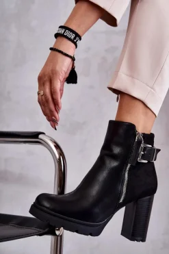 Boto Botki Na Słupku|Czarne Botki*Skórzane Botki Na Obcasie Z Ozdobnym Zamkiem Czarne Rosita