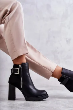 Boto Botki Na Słupku|Czarne Botki*Skórzane Botki Na Obcasie Z Ozdobnym Zamkiem Czarne Rosita