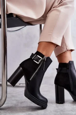 Boto Botki Na Słupku|Czarne Botki*Skórzane Botki Na Obcasie Z Ozdobnym Zamkiem Czarne Rosita