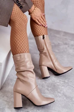 Hot Laura Messi Skórzane Botki Na Obcasie 2560 Beżowe