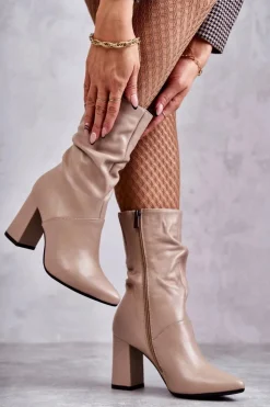 Hot Laura Messi Skórzane Botki Na Obcasie 2560 Beżowe