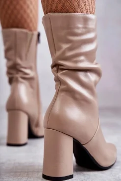 Hot Laura Messi Skórzane Botki Na Obcasie 2560 Beżowe